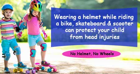 在车轮上戴头盔可以保护孩子头部免受伤害